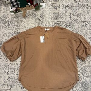 NWT Miou Muse Brown Short Puff Sleeve Women's Top